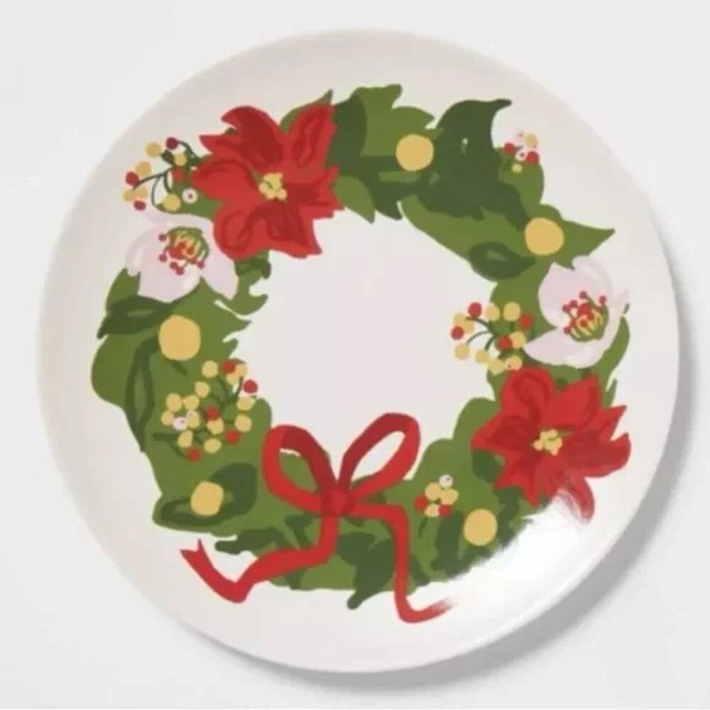 Threshold Set of 4 Christmas Stoneware Appetizer Plate Poinsettia Wreath 7.5"